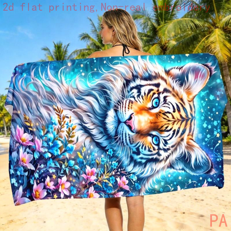 TEMU 2d Flat, 1pc, 2d Flat Printed, Tiger Floral Print Beach Towel, Seaside Absorbent Beach Bath Towel, Microfiber Towel Soft, Quick-drying, And