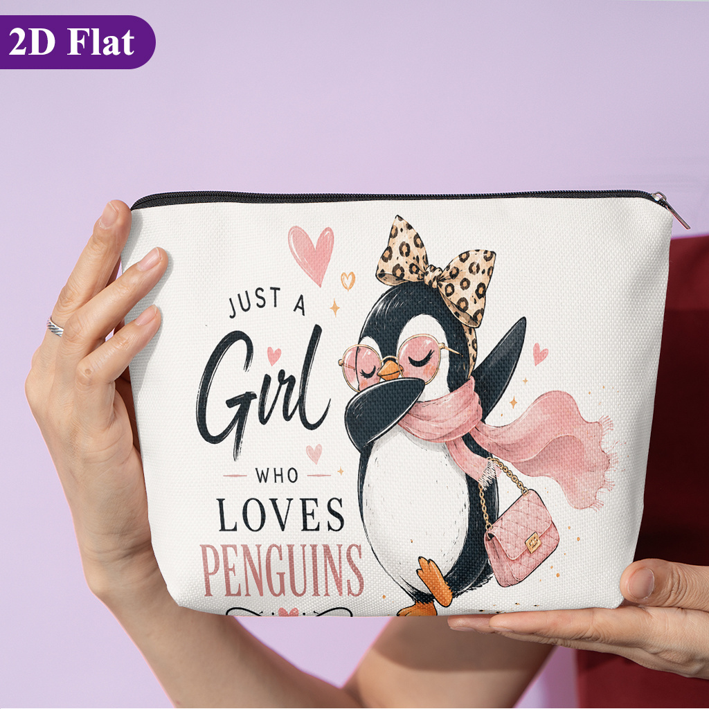 TEMU Cosmetic Bag 1pc, Girl Penguins, Stylish Travel Toiletry Bag, Featuring Fun Double-sided Printed Patterns, Zipper Closure, And Design. Suitable