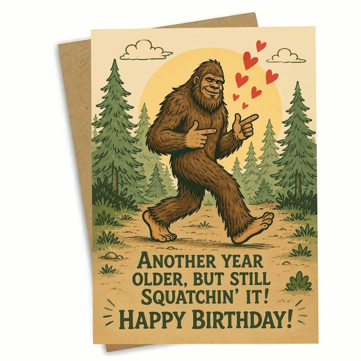 1Set(An Envelope And a Card) Rustic Bigfoot Birthday Card Funny Forest Scene for Friends Another Year Older But Still Squatchin It Happy Birthday