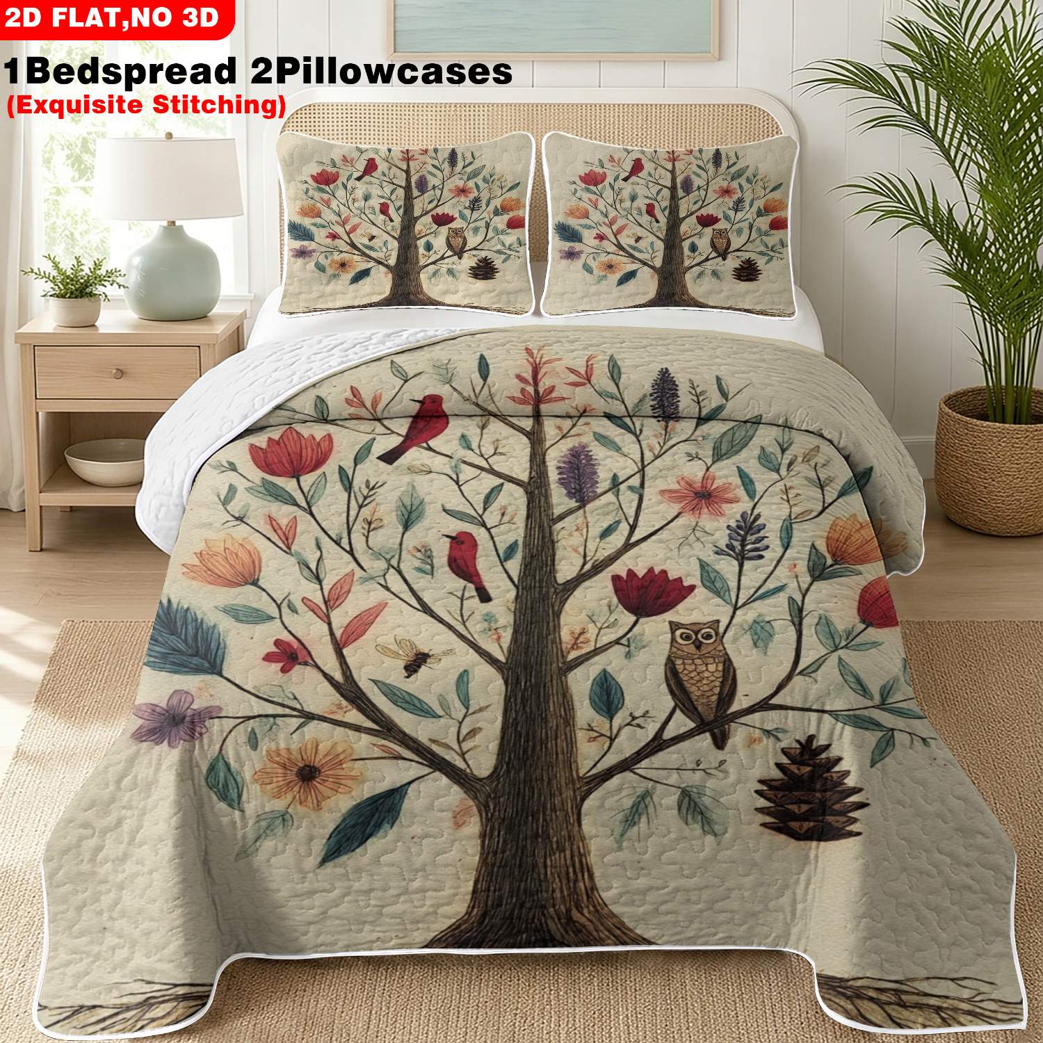 Juego de cubrecamas con diseño floral de árboles botánicos en acuarela con impresión plana 2D y diseño de pájaros y búhos, 2/3 piezas, múltiples tamaños disponibles, ropa de cama, juego de cubrecama, ropa de cama decorativa festiva, decoración suave para el hogar y el dormitorio (1 colcha, 1/2 funda de almohada)