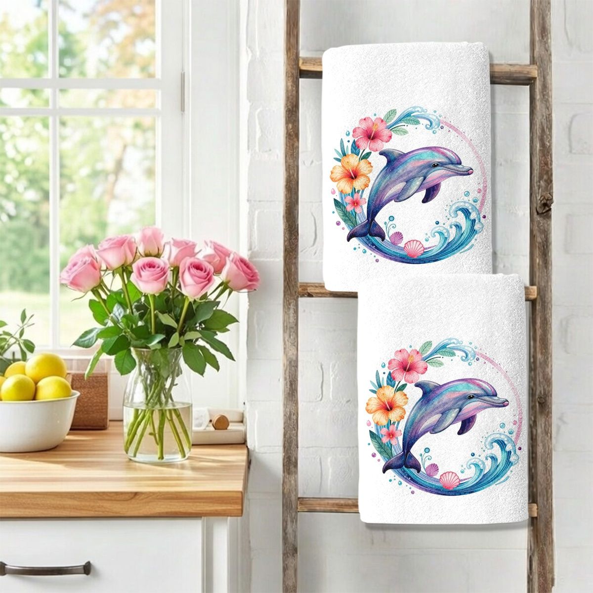 TEMU 2pcs Pack Retro Dolphin-themed Kitchen Towels Suitable For Home Gifts, Colorful Wave & Tea Towels With Microfiber/ Cloth, Decorative Bath &