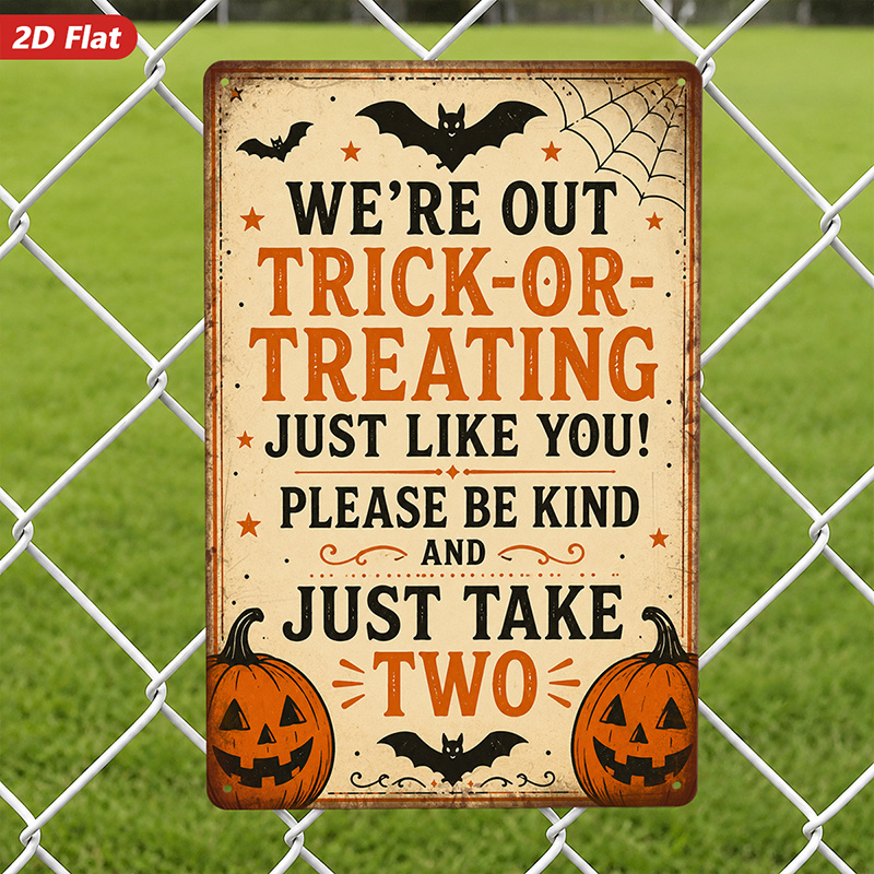 TEMU 2d Flat Wall Decor 1pc, Halloween Home Decoration, Retro Style, Bat And Pumpkin Pattern, Slogan " Playing 'trick Or Treat' You! Please , Take 2