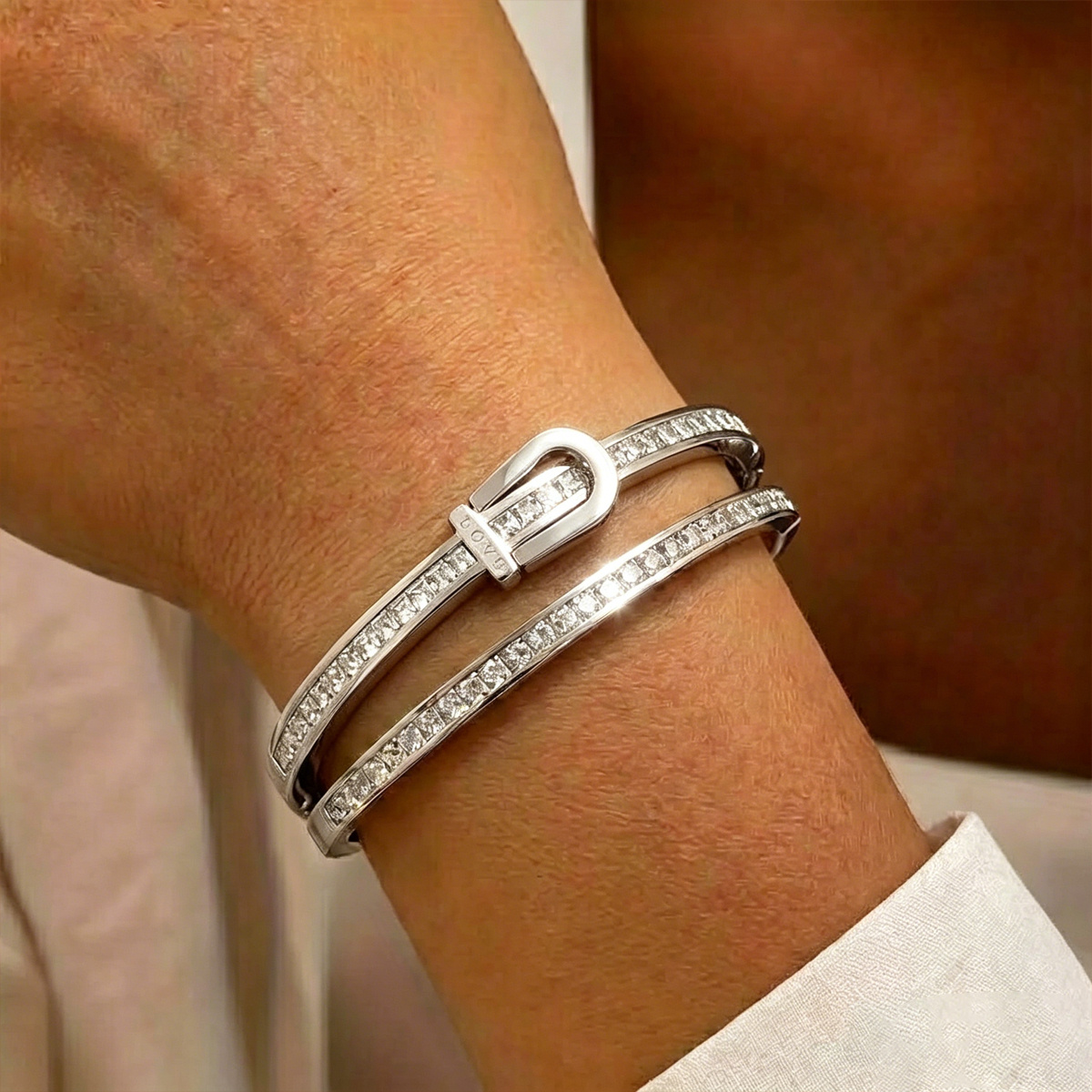 TEMU Ensemble de 2 bracelets en acier inoxydable de boucle de ceinture, bracelet à double anneau empilé, bracelet créatif en acier inoxydable de