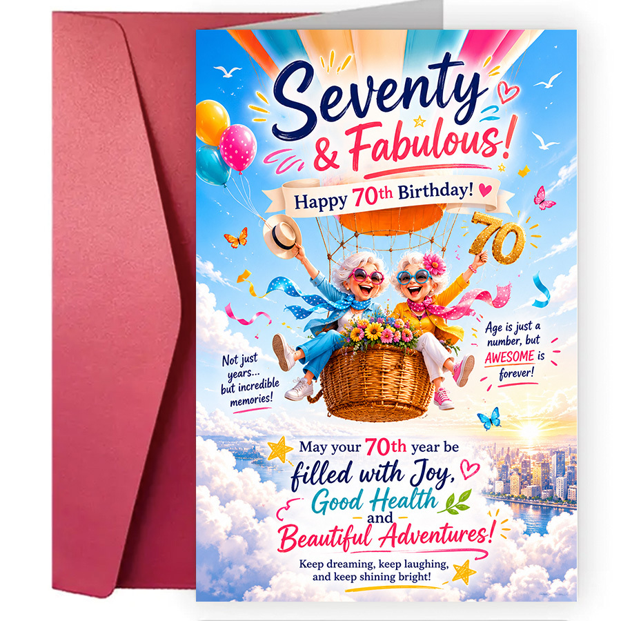 TEMU Greeting Card And Envelope, 70th Birthday Card, Colorful Hot Air Balloon Celebration With Smiling Seniors And Bright , "happy 70th Birthday" For