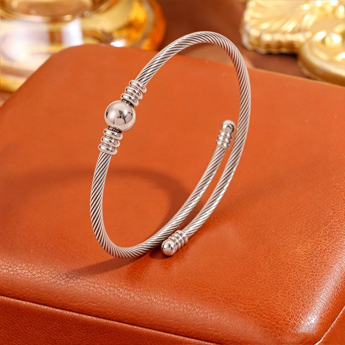 2pc Exquisite Round Bead Twisted Wire Double Ring Bracelet Set