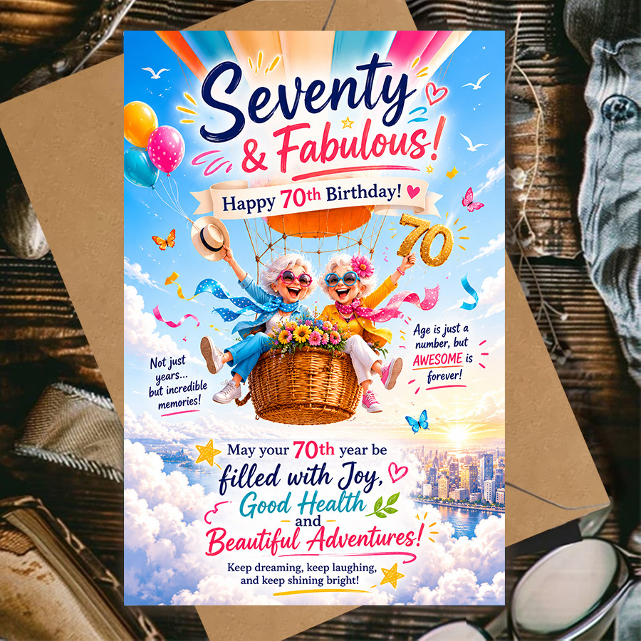 TEMU Greeting Card And Envelope, 70th Birthday Card, Colorful Hot Air Balloon Celebration With Smiling Seniors And Bright , "happy 70th Birthday" For