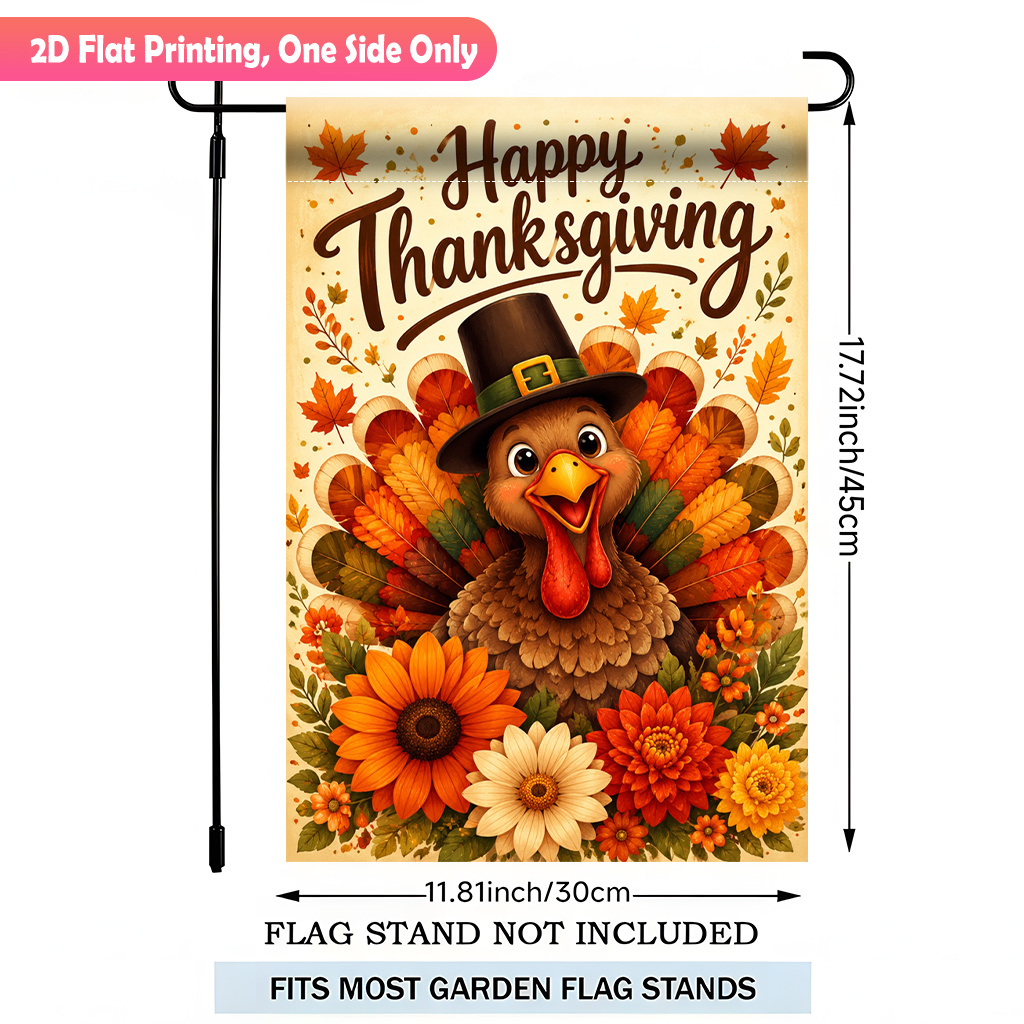 TEMU 2d Flat, 2d Flat Printing Garden Flag 1pc, Thanksgiving Turkey Celebration Flowers Durable Polyester Outdoor Patio Decoration, Outdoor Patio