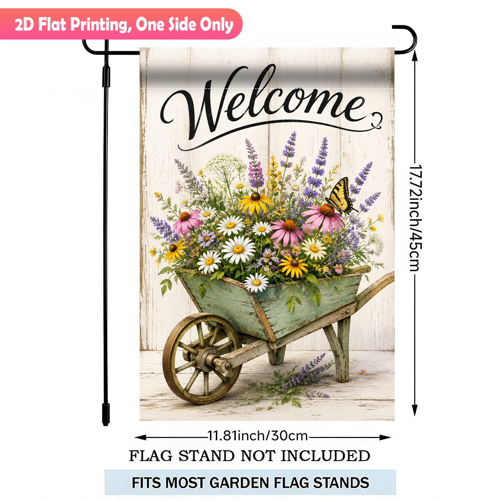 TEMU 2d Flat, 2d Flat Printing Garden Flag 1pc, Floral Wooden Garden Wheelbarrow Durable Polyester Outdoor Patio Decoration, Outdoor Patio Flags, And