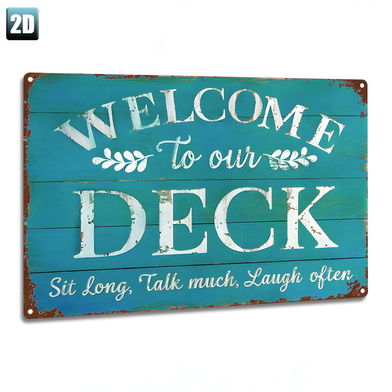 TEMU 1pc Metal Sign Paintings, 2d Flat, "vintage 'welcome To Our Deck' Iron Wall Art" Door Plaque, Outdoor Metal Art, Room Decor, Wall Decor, Home
