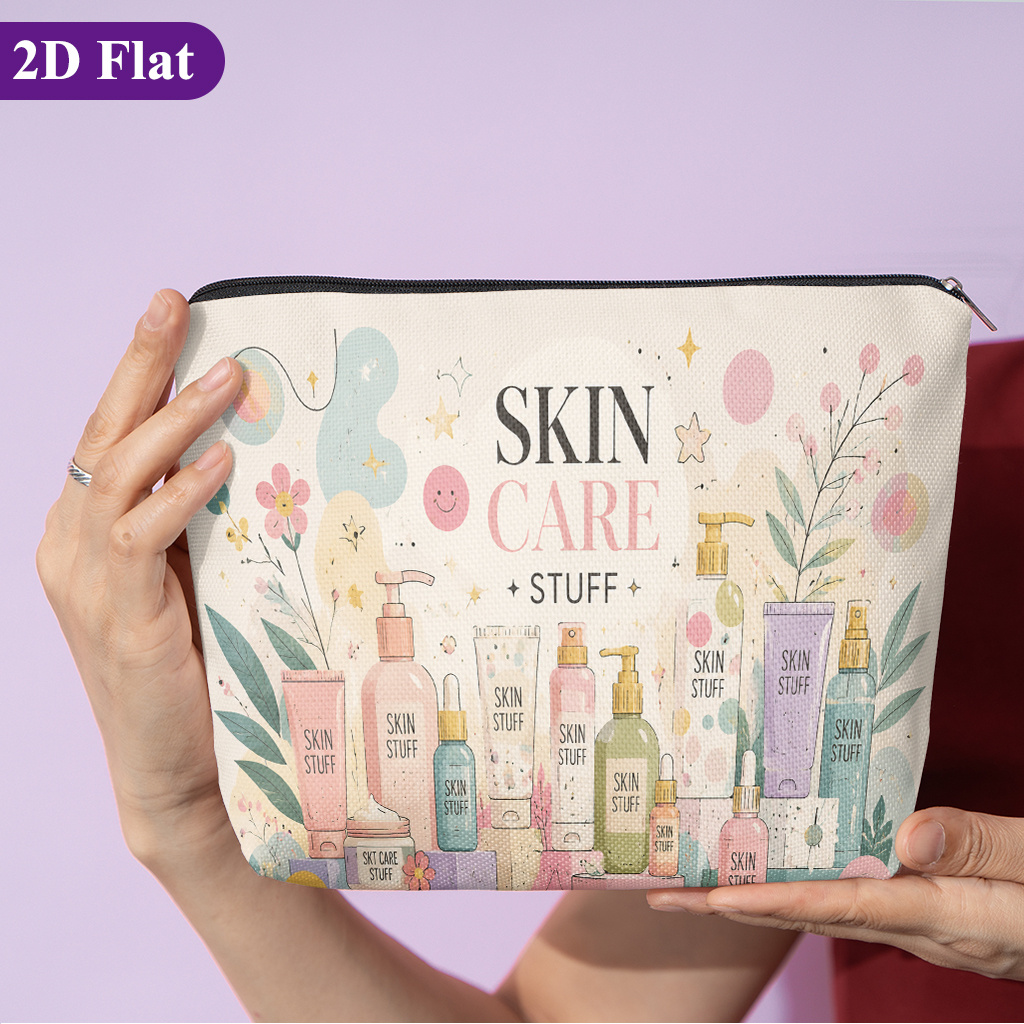 TEMU Cosmetic Bag 1pc, Skin Care Products Illustration, Stylish Travel Toiletry Bag, Featuring Fun Double-sided Printed Patterns, Zipper Closure, And
