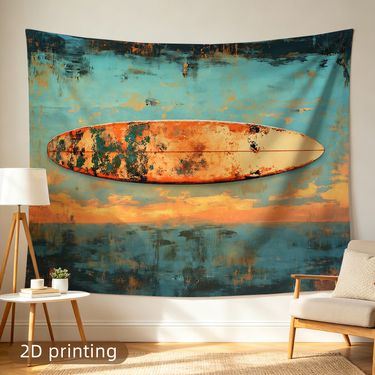 2D Plano - 1 pieza de tapiz impreso 2D, tamaño grande/pequeño, tabla de surf envejecida sobre atardecer en el océano, decoración de pared estética, decoración del hogar, no luminoso, adecuado para sala de estar | dormitorio | residencia estudiantil | fiesta | vacaciones, regalo perfecto