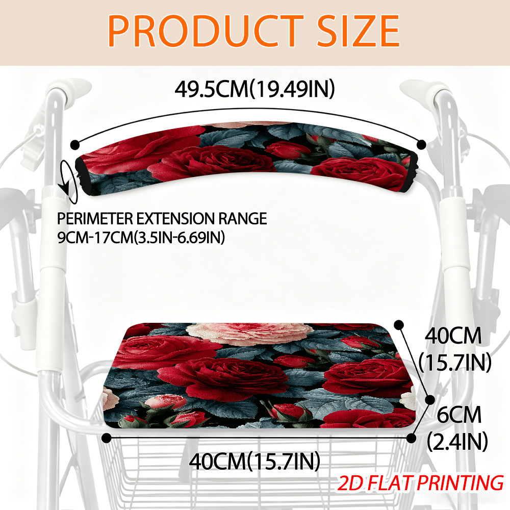 TEMU Red And Leaves Pattern Universal Rollator Walker Seat And Backrest Cover Set With Elastic Removable Non-slip Design For