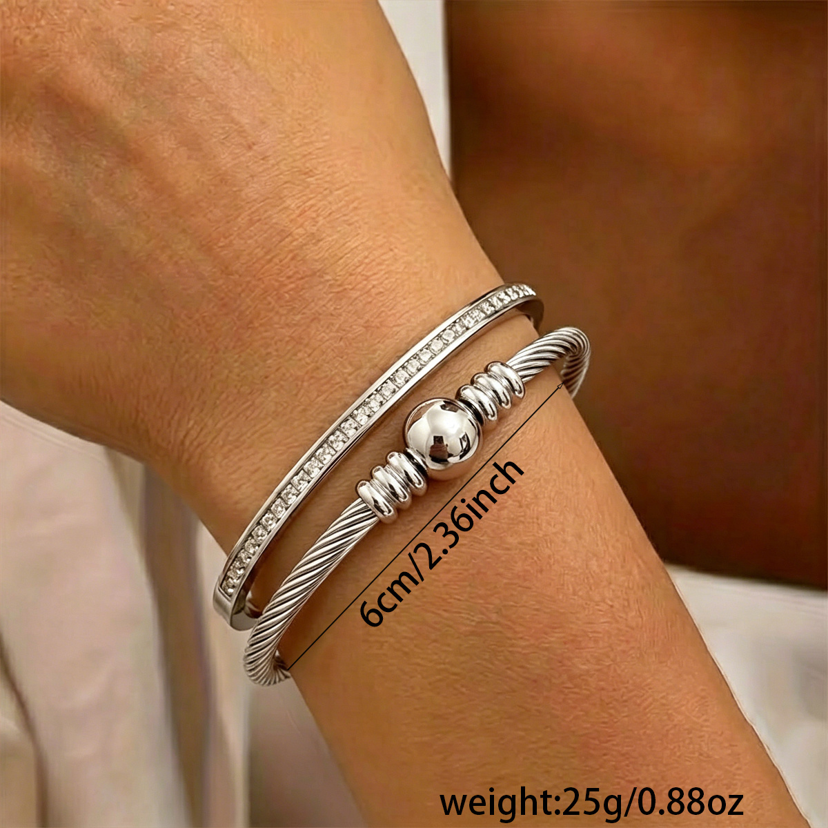 2pc Exquisite Round Bead Twisted Wire Double Ring Bracelet Set