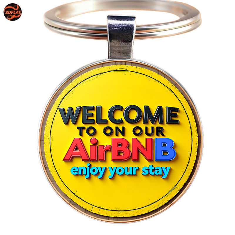 TEMU 1 Round Keychain, Vintage-style "welcome To " Themed Keychain, Featuring A Red, Blue, And - With An Elegant Decorative Border. Suitable For Car