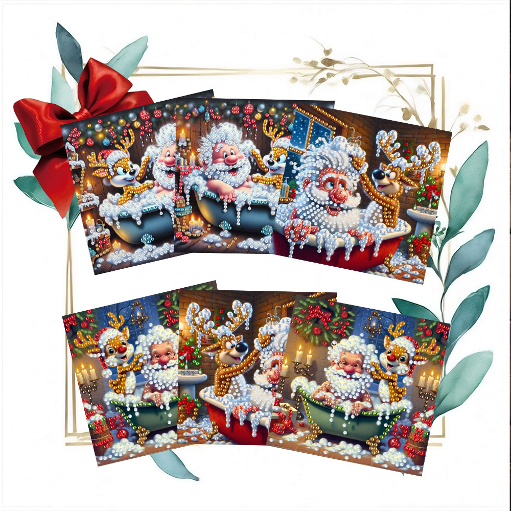 TEMU 6pcs Set 15.0x30.0cm / 5.9x11.81 Inches Diy Diamond Painting Kit - Cute Cartoon Santa Claus And Reindeer Bathing And Playing, Greeting Card