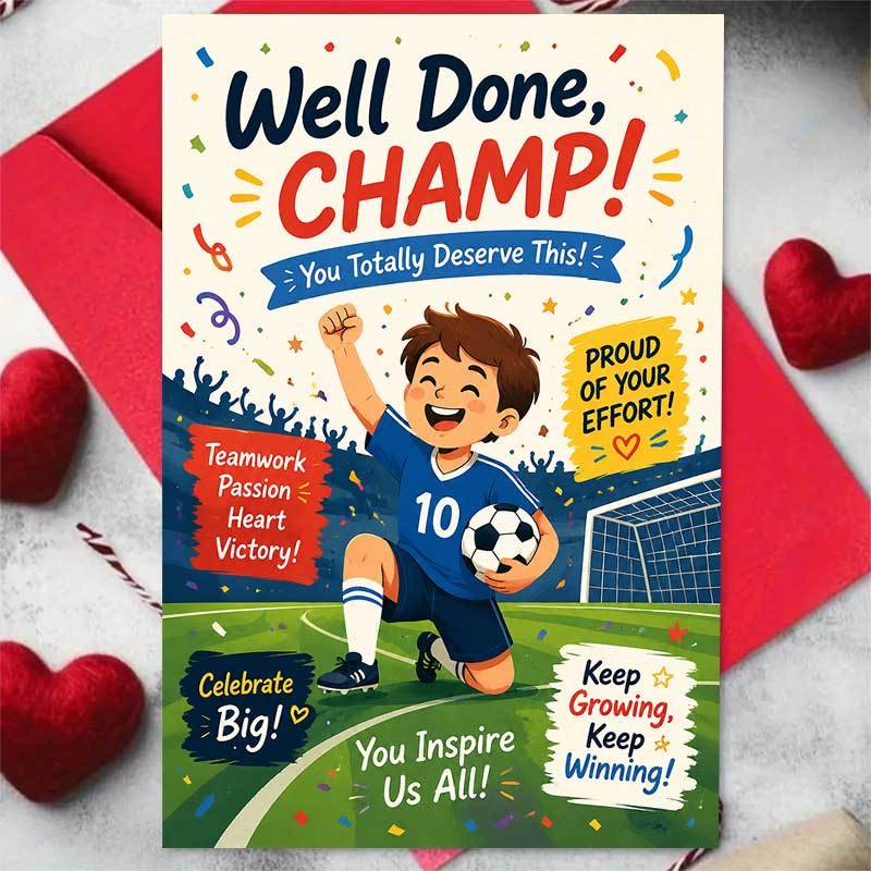 item picture 1 greeting card 1 envelope   encouraging   greeting card soccer player celebrating victory     suitable for     sports success celebration vibrant cartoon illustration style
