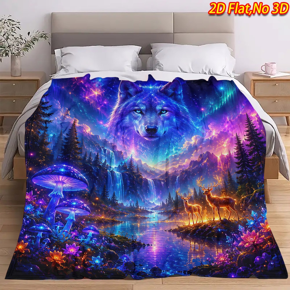 TEMU 1pc 2d Flat Printing Spring And Summer New Arrival Starry Wolf Head Forest Waterfall Blanket, Use, Casual Throw, 100% Polyester And Comfortable,