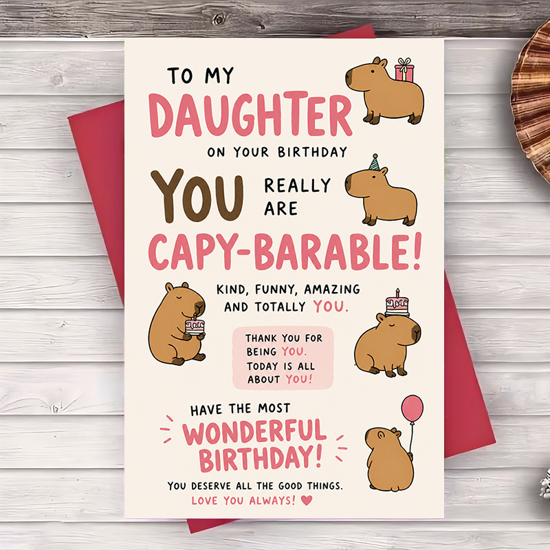 TEMU 1 Greeting Card And 1 Envelope Funny Capybara Birthday Greeting Card For Daughter Cute Animal Theme Flat Paper Card For Birthday Celebration And
