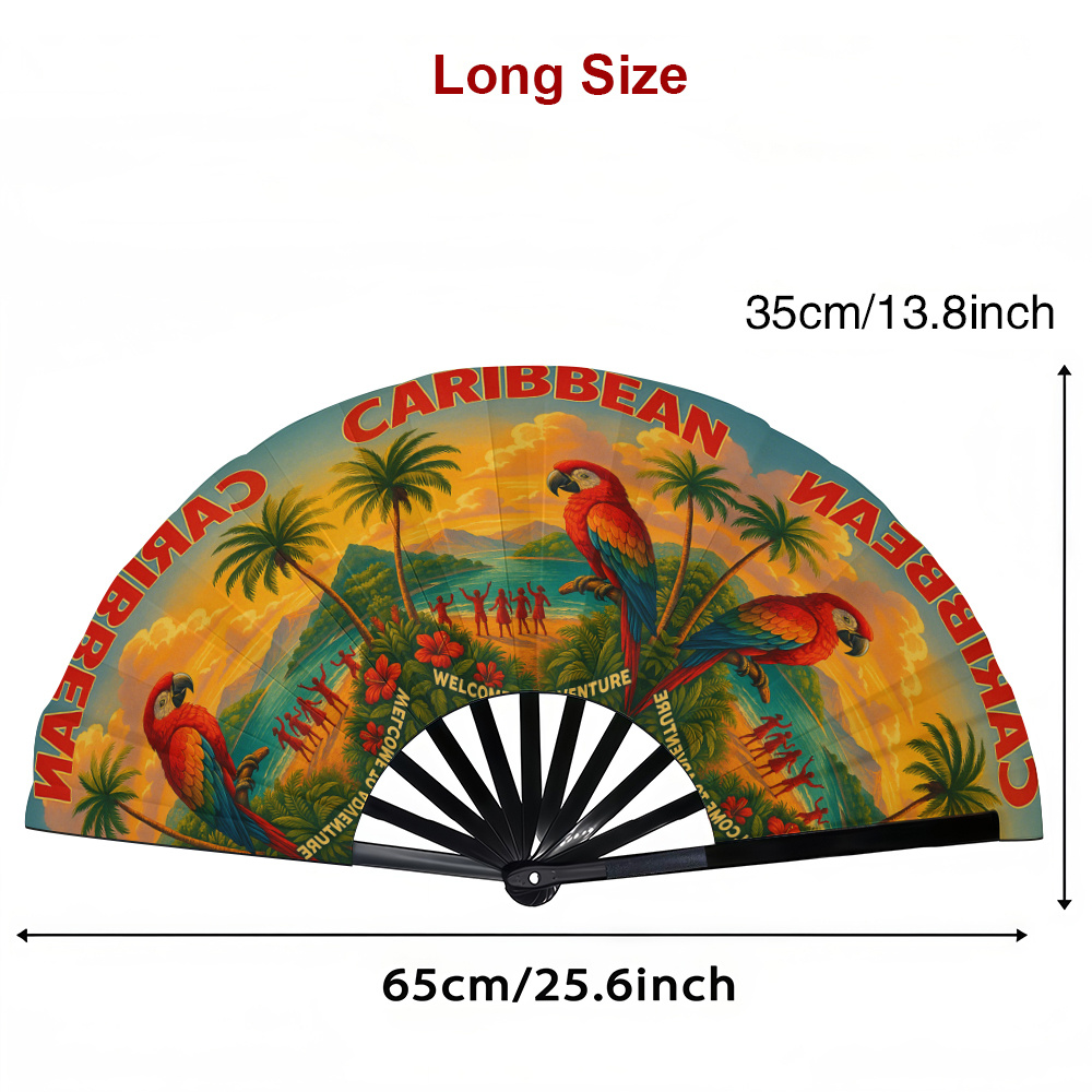 TEMU Éventail pliant de style caribéen tropical, imprimé d'un perroquet perché sur de palmiers au coucher et de la police CARIBBEAN. Ses et vintage