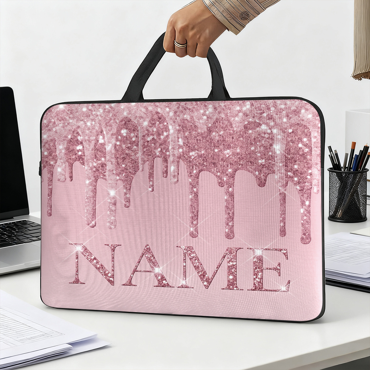 TEMU Customized Pink Themed Portable Laptop Bag With Handle, Trendy Personalized Custom Name/text Laptop Case Computer Case Laptop Protector Case For