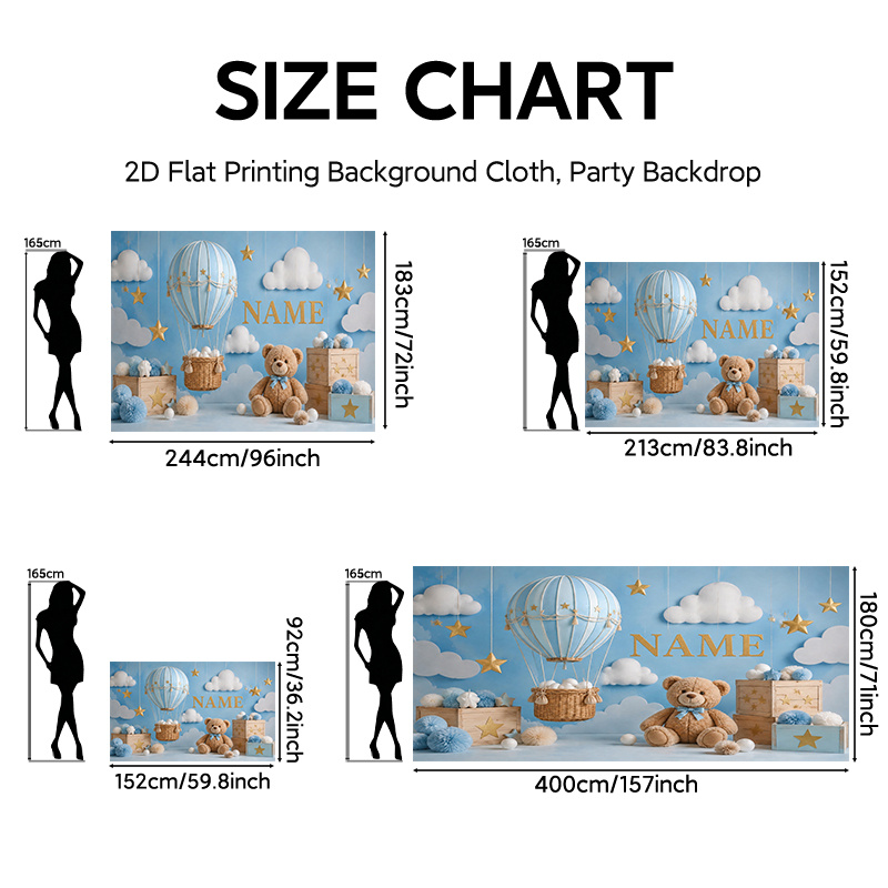 TEMU 2d Flat, 2d Flat - 2d Flat Printing Personalized Backdrop Banner 1pc, Teddy Bear And Balloons Custom Name Background Cloth, Polyester Wall Decor