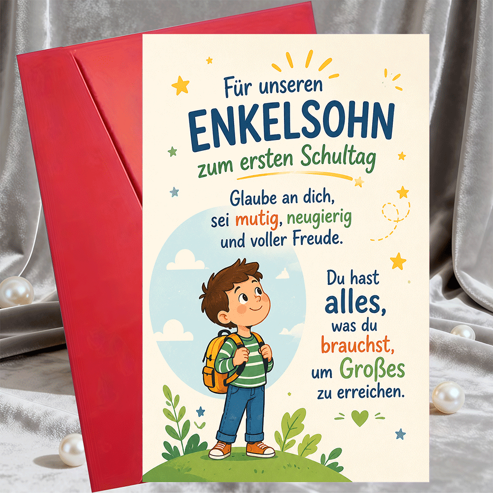 Image of 1 Greeting Card And 1 Envelope Greeting Card For Grandson First Day Of School Encouragement Message Flat Paper Card For And