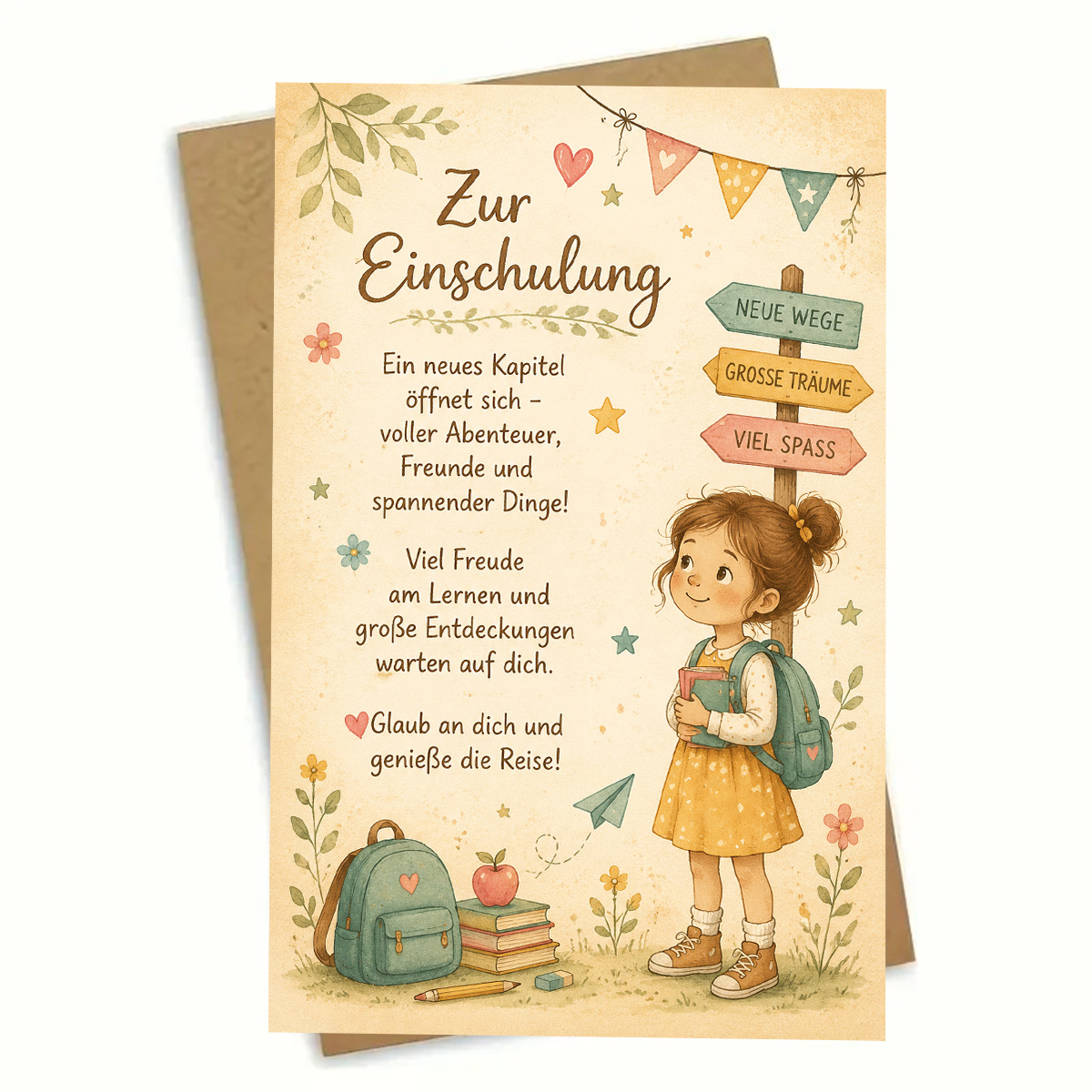 Image of 1set (an Envelope And A Card) Watercolor Greeting Card Featuring A Student With Books And . Text Zur Einschulung. Perfect For Students, High-quality Paper, Red Or Options, Creative Card