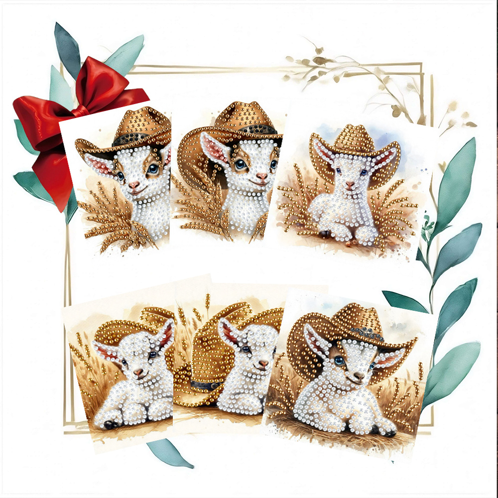 TEMU 6pcs Set 15.0x30.0cm/5.9x11.81in Diy Diamond Painting Greeting Card Invitation, Cartoon Lamb Wearing A Cowboy Hat Design, White Canvas Page For