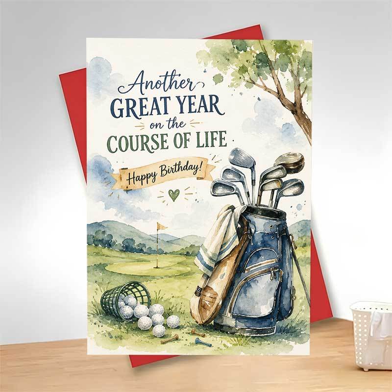 TEMU Elegant And Artistic Birthday Greeting Card + 1 Envelope, Golf Course Scene With Clubs And Balls, "another Of Life Happy Birthday", Suitable For