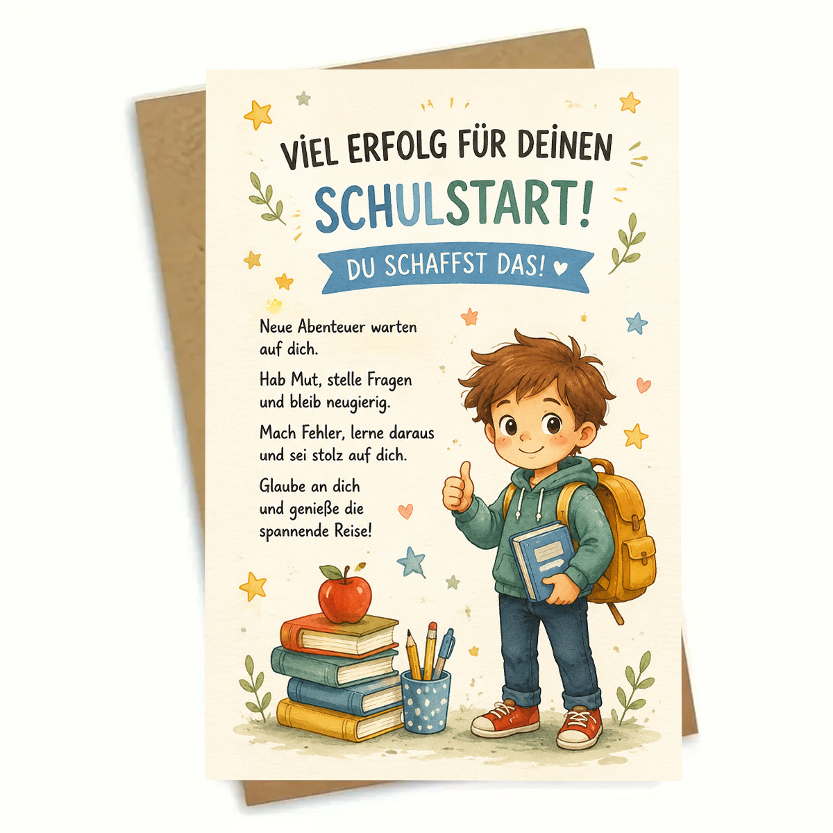 Image of 1set(an Envelope And A Card) Student Greeting Card For Back To Featuring Encouraging German Text, A Boy With Books, High Quality Paper, Red Or Optional, Creative Card.