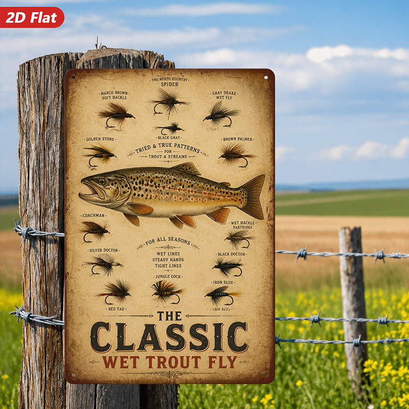 TEMU 2d Flat, 1pc Metal Sign Wall Art, The Classic Wet Trout Fly Home Decor, Fishing Lure Art, Vintage Style, Suitable For Living Room, Study, Safe