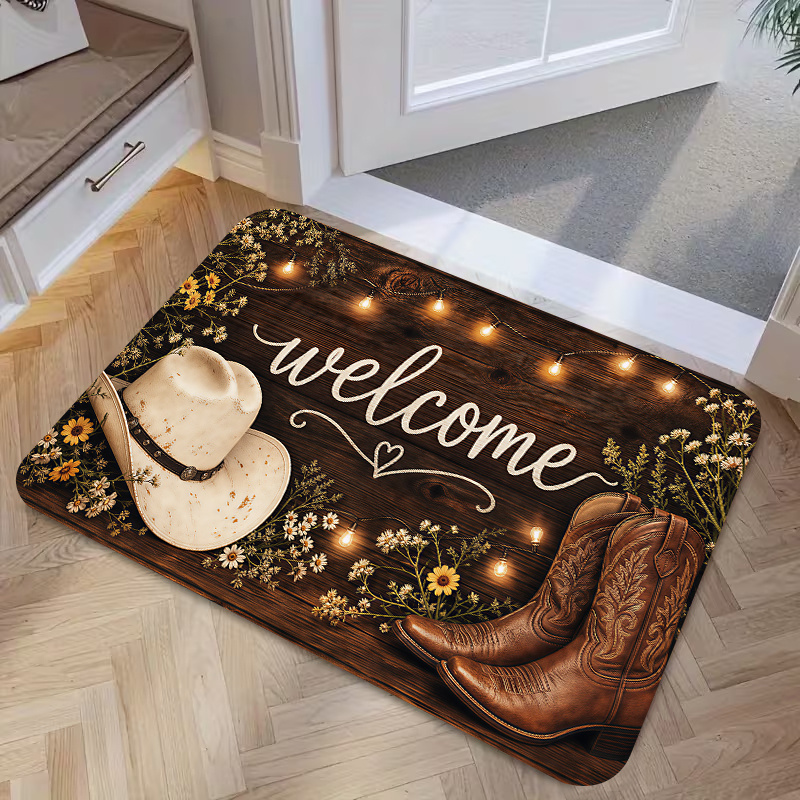 TEMU 1pc, 2d Flat Printing, American Western Cowboy Style Welcome Entrance Mat, Kitchen Dining Room Decor, Indoor Outdoor Home Party Decoration