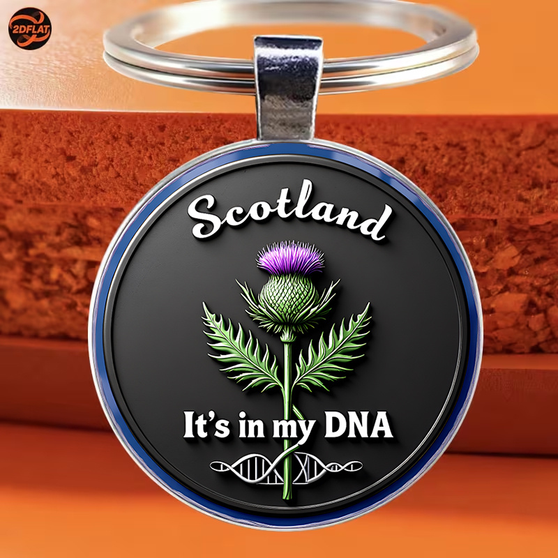 TEMU 1pc Round Keychain, Scottish Style Easy Keychain, Black Background White Cursive "scotland" Lettering, Thistle Flower And Purple Thistle Head