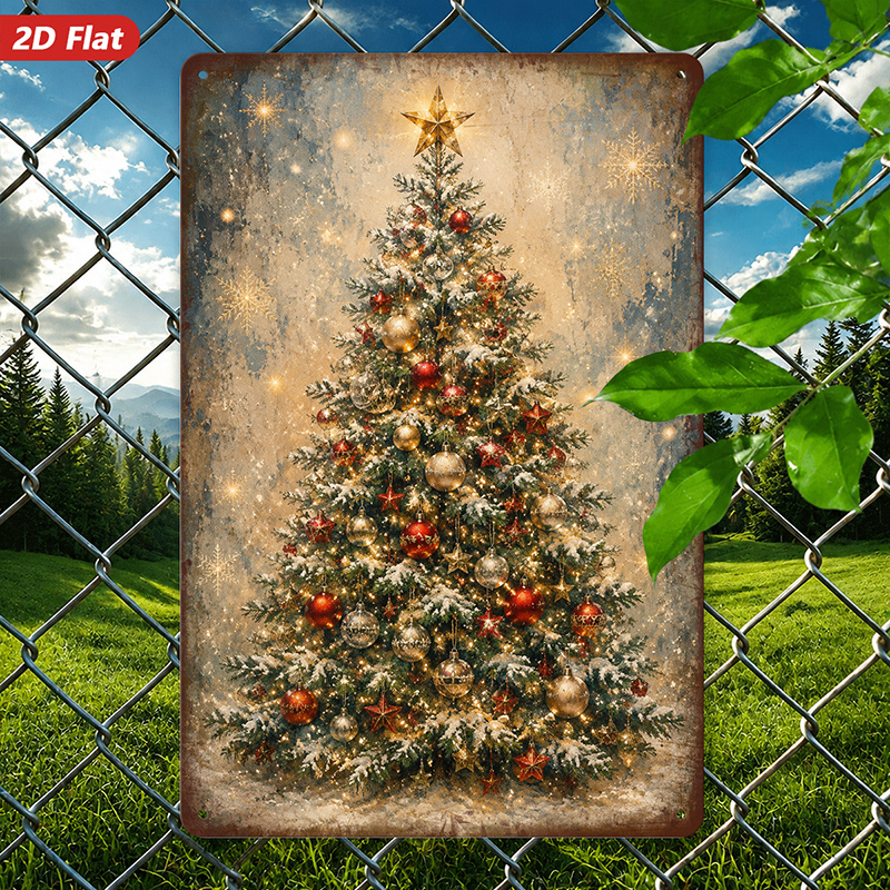 TEMU 2D Plat, 1- Metalen Bord Muurkunst, Kerstboom Huisdecoratie, Feestelijk Kunstelement, Sneeuwige Achtergrond, Geschikt voor Woonkamer, Eetkamer,