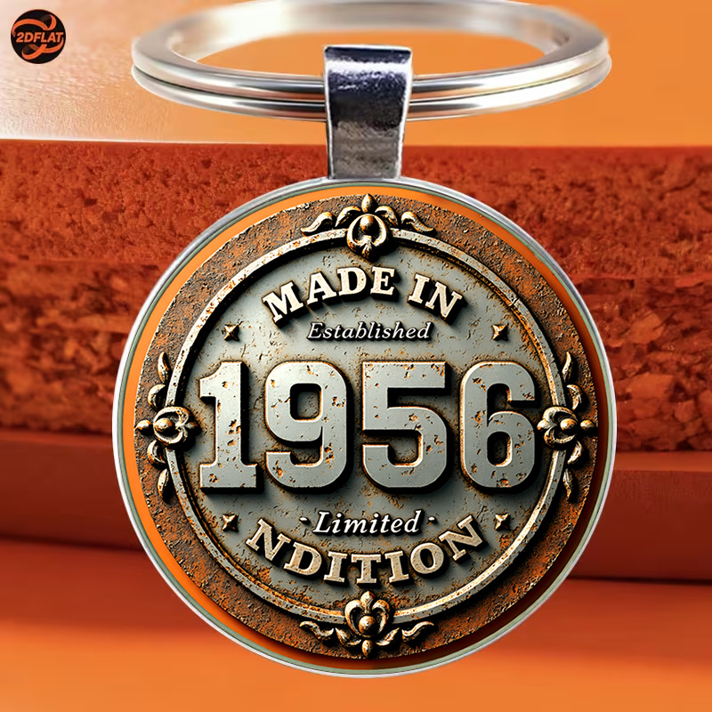 TEMU 1pc Round Keychain, Retro Distressed Theme Keychain, 1956 Edition Rusted Texture Nameplate, Round Retro Logo With Gorgeous Decorative Patterns,