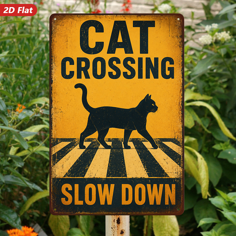 TEMU 2d Flat, 1pc Metal Sign Wall Art, Cat Crossing Sign Wall Art, Vintage Style, Road - Sign Design, Home Decor, Suitable For Living Room, Office,