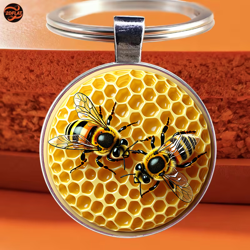 TEMU 1 porte-clés rond, porte-clés à motif de naturel, abeille de haute qualité avec motif de doré, accessoire élégant et stylé, convient aux clés de