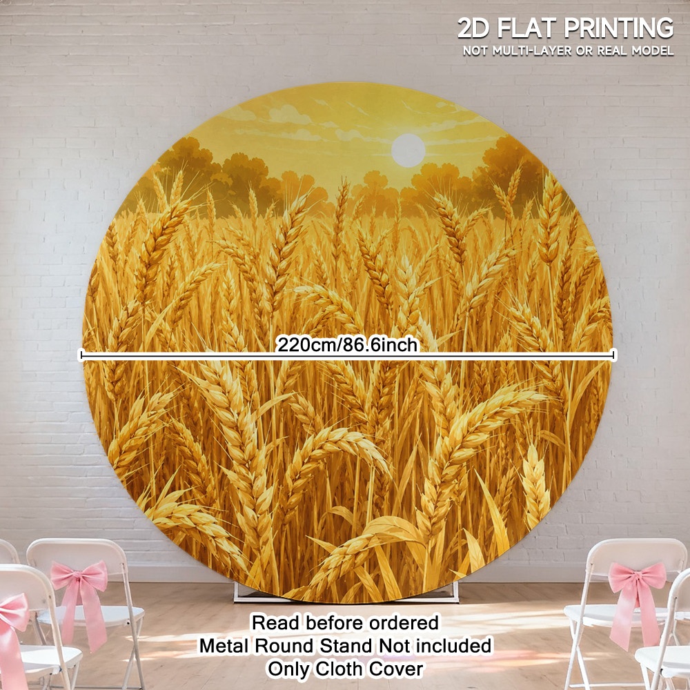 TEMU 2d Flat, 2d Flat - 2d Flat Banner, 1pc Golden Wheat Sunset Design Elastic Round Backdrop - Durable Round Fabric For Birthday, Shower And Party