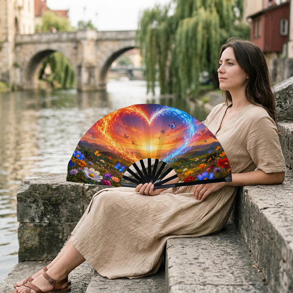 TEMU [ Product] 1pc, Heart-shaped Iridescent Floral Print Women's Portable Hand Fan, Folding Fan, Suitable For Summer Hot Weather, Music Festivals,