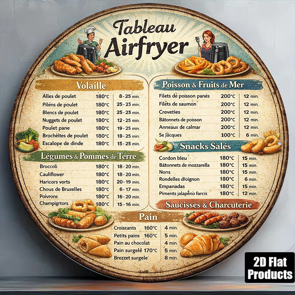 TEMU Plaque décorative 2D plate, 1 pièce 8X8 pouces/20X20 cm, rond, "Recettes de friteuse à air" Plaque décorative vintage, "Guide de cuisine pour