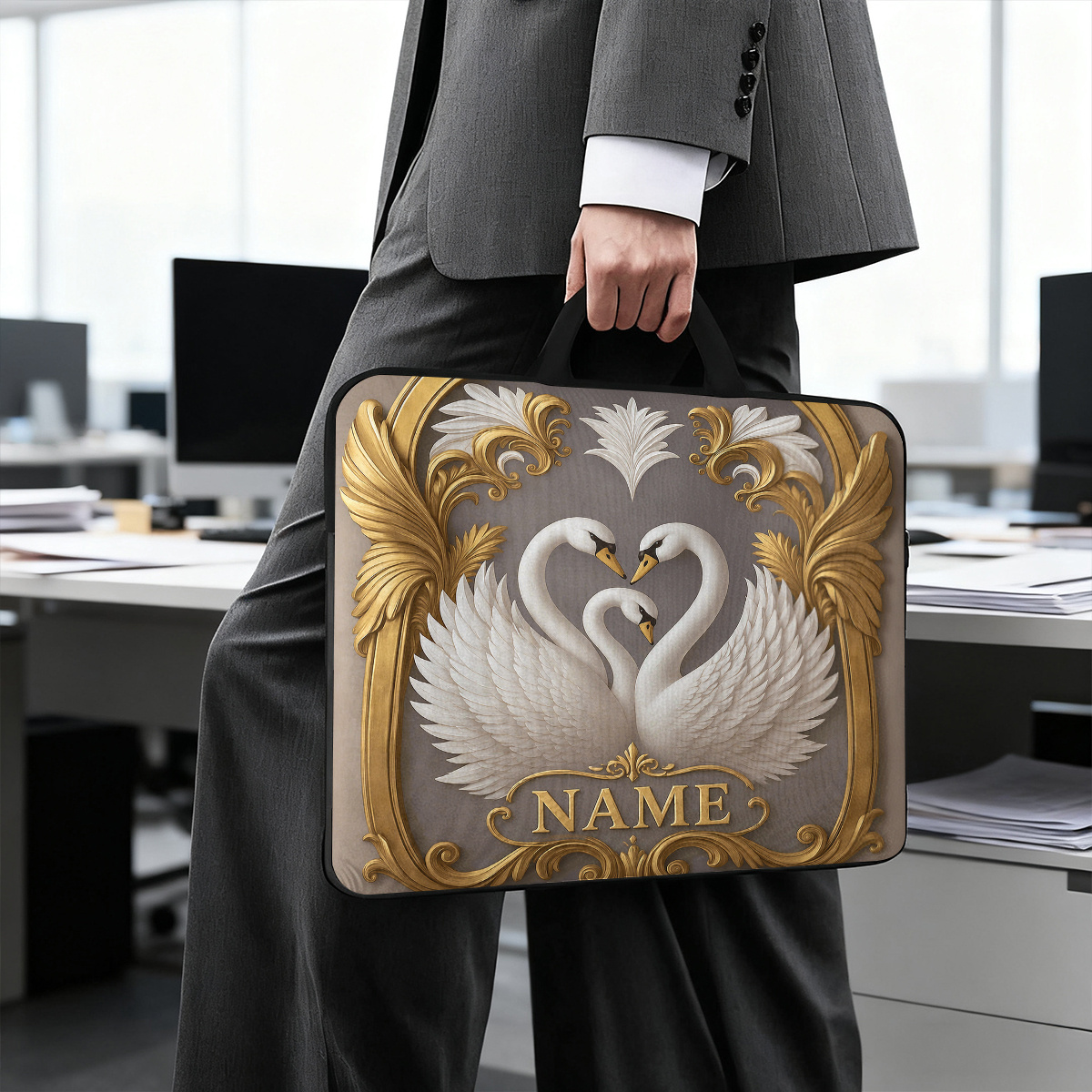 Customized Swan Frame Pattern Large Laptop Bag