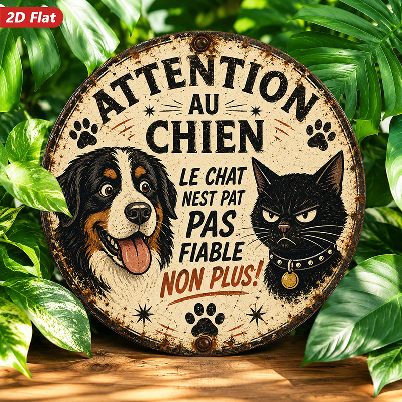 TEMU Panneau mural décoratif rond en métal, 1 pièce, plat 2D, décoration ronde , motif chien et chat, français « Attention Au Chien », style