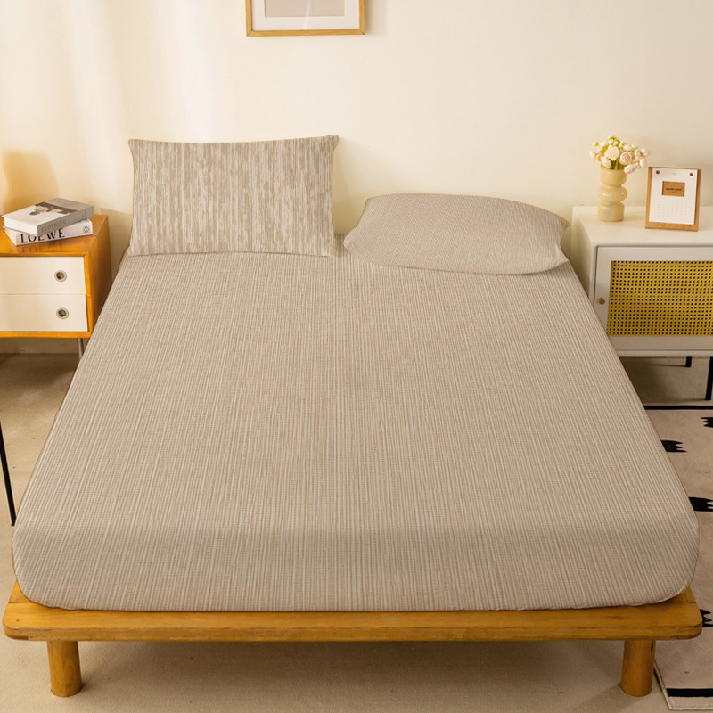 TEMU 1pc Beige Vertical Stripe Textured Background Pattern Fitted Sheet, Bedding, Suitable For Bedroom, , With Deep Pocket, Single Piece Deep Pocket