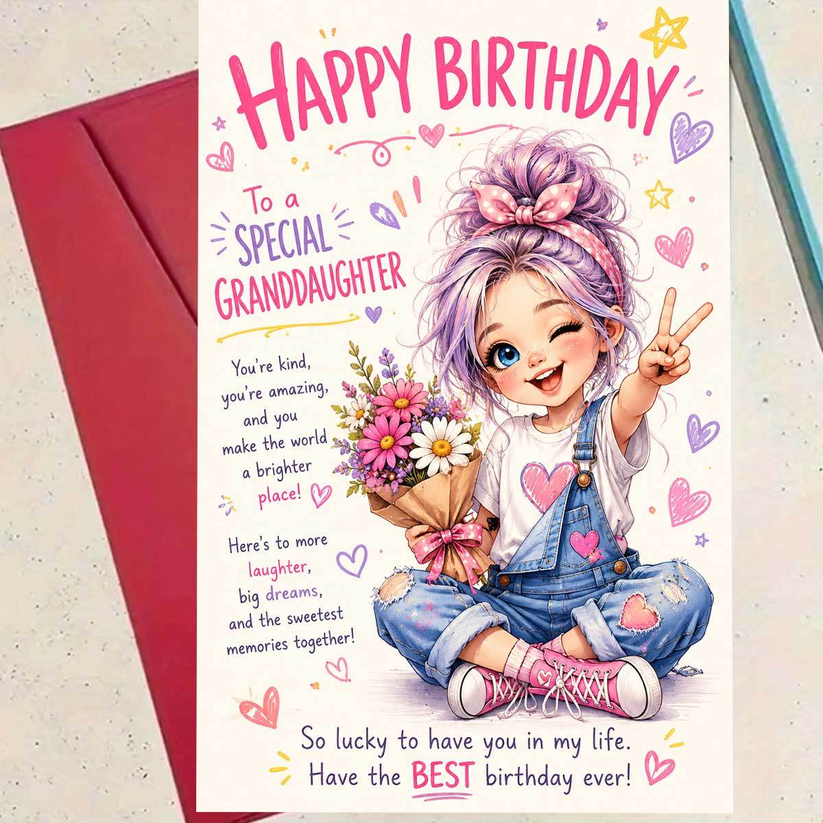 TEMU 1 Set (Une Enveloppe et une Carte) Carte d'Anniversaire Mignonne pour Petite-Fille Joyeux Anniversaire à une Petite-Fille Spéciale Fleurs et