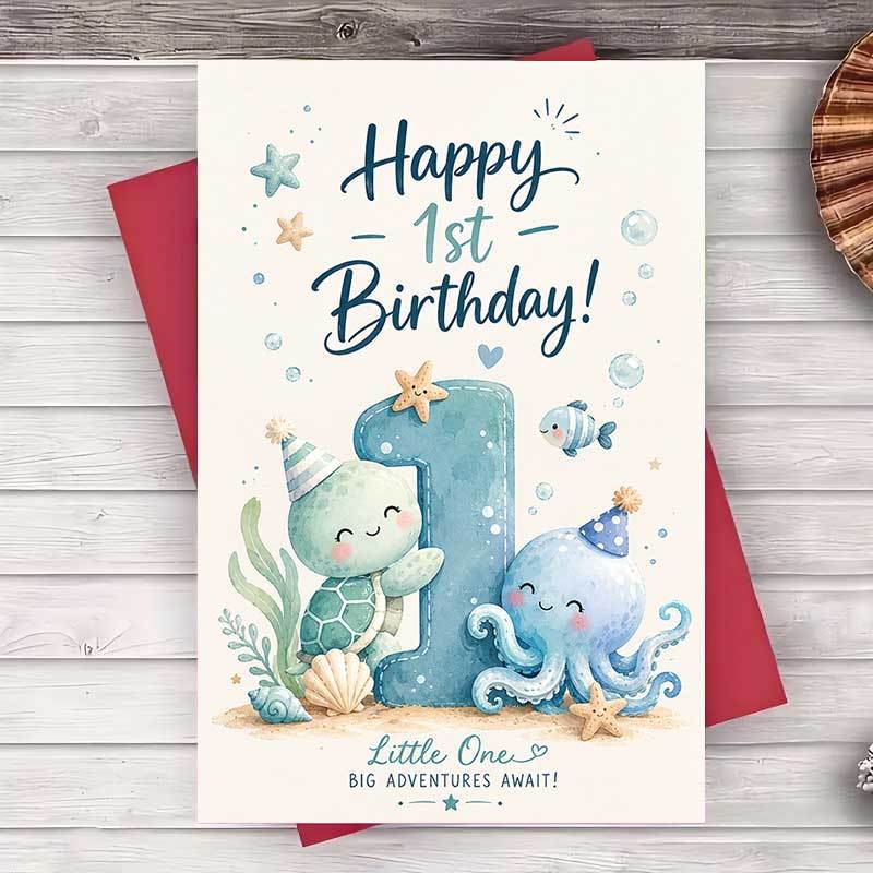 TEMU 1 Envelope And 1 Greeting Cardocean Themed First Birthday Greeting Card For Party Celebration With Cute Sea Animals Design For Greeting Card