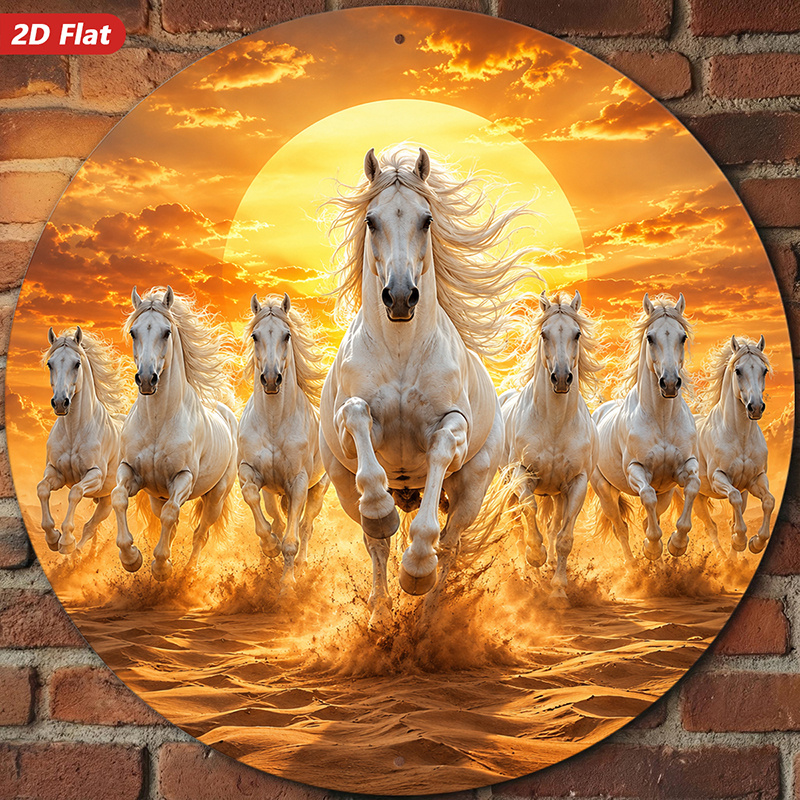 TEMU 2d Flat, 2d Flat - Printed 1 Metal Iron Plaque. Round Metal Plaque Wall Decor, Horses Decoration, Sunset Background, Dynamic Pattern, , Suitable