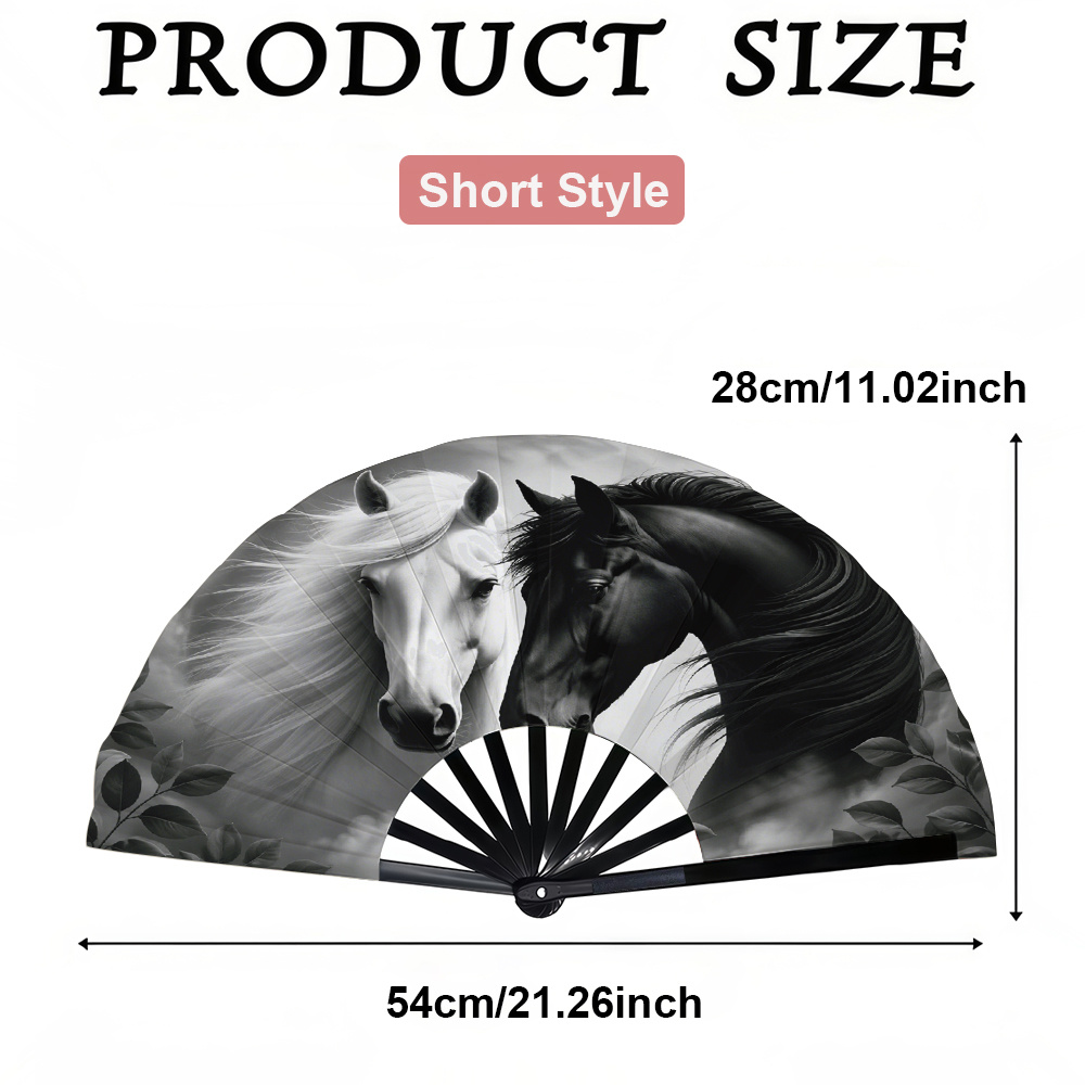 TEMU 1pc Women's Folding Fan, Black And White Double Horses On Leaves, Fashionable Folding Fan, Trendy For Parties And Music Festivals, Portable