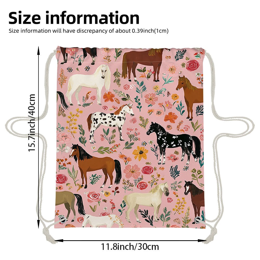 TEMU (2D Plat) 1 stuks Stevige Polyester Fitness Tas met Trekkoord, met Bloemige Paarden op Roze Print. Geschikt voor Gym, Reizen en Vrije Tijd.