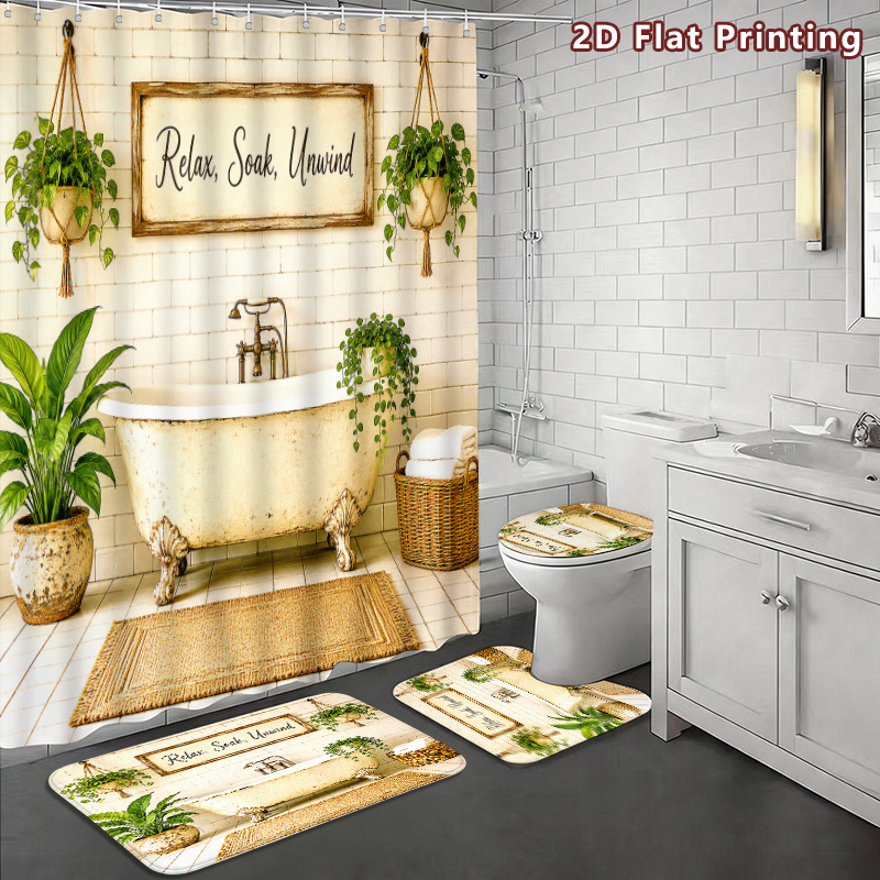 4pcs Farmhouse Green Plants Shower Curtain Set