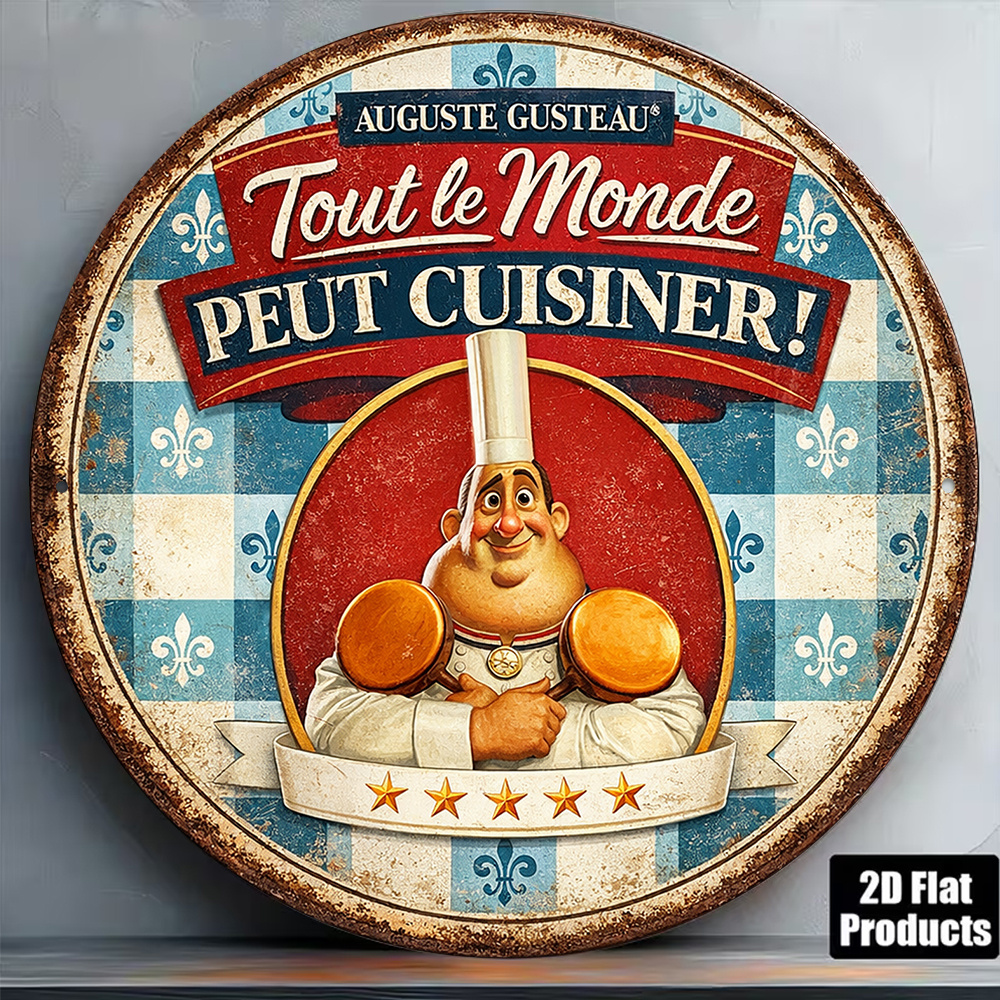 TEMU Plaque murale plate 2D, 1 pièce, Chef français Auguste - Panneau rétro « Tout peut cuisiner » pour décoration de cuisine, restaurant, café,